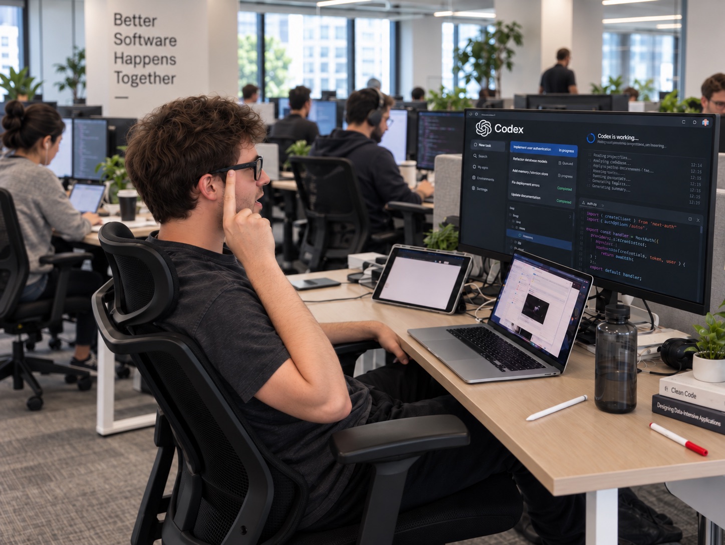 A developer wearing glasses while coding in a shared office